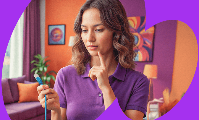 imagen de una joven pensativa sosteniendo un cable de internet